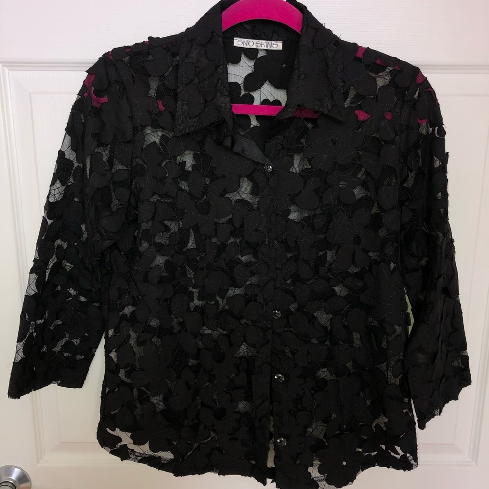 Black Tulle Button Down Shirt w/Sewn On Applique